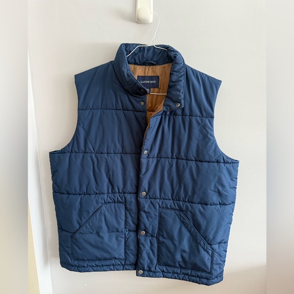 Lands’ End Navy Puffer Vest XXL 50-52 Quilted Snap Front